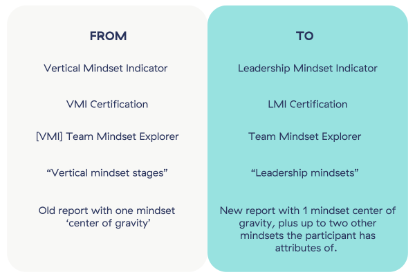 Summary of changes to Adeption experiences as part of rebranding the VMI to the Leadership Mindset Indicator (LMI)